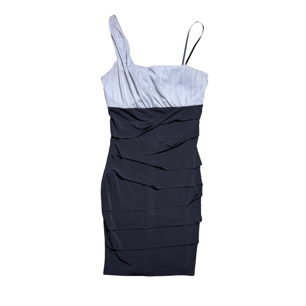 City Triangles Silver Black One Shoulder Tiered Glitter Cocktail Dress